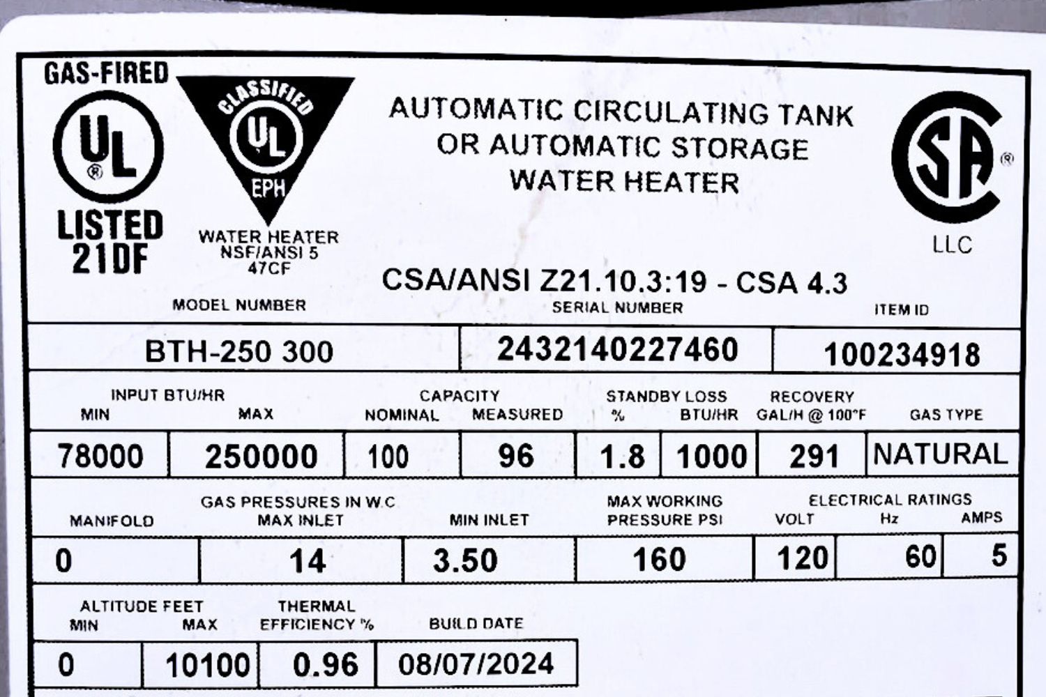Water Heater Rating Plate